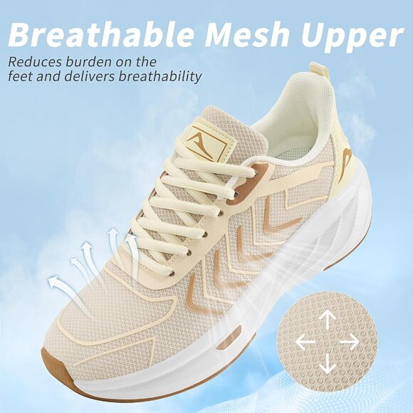 Women's Beige Breathable Tennis Shoes Non-Slip Sneakers for Walking & Workout - Picture 3 of 7